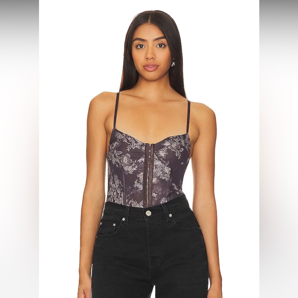 Free People Floral Lace-Up Bodysuit in Charcoal Purple - Picture 1 of 2